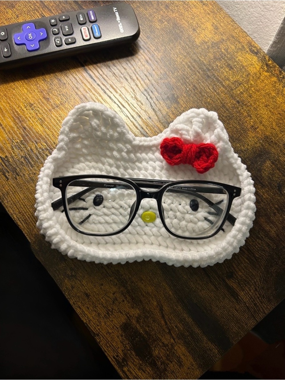 Handmade Crochet Hello Kitty Eyeglass Holder with Red Bow